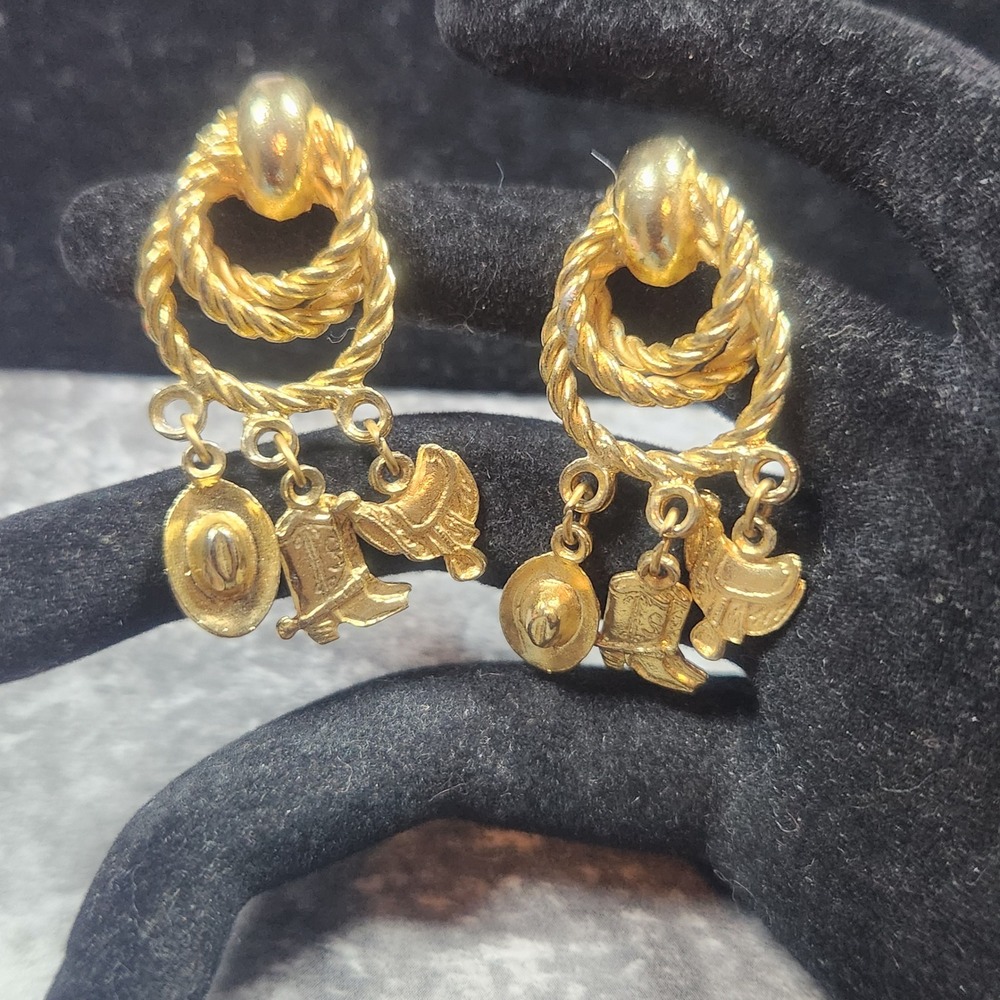 Western Charm Gold Tone Earrings Cowboy Hat Boot Saddle Dangle Vintage Style